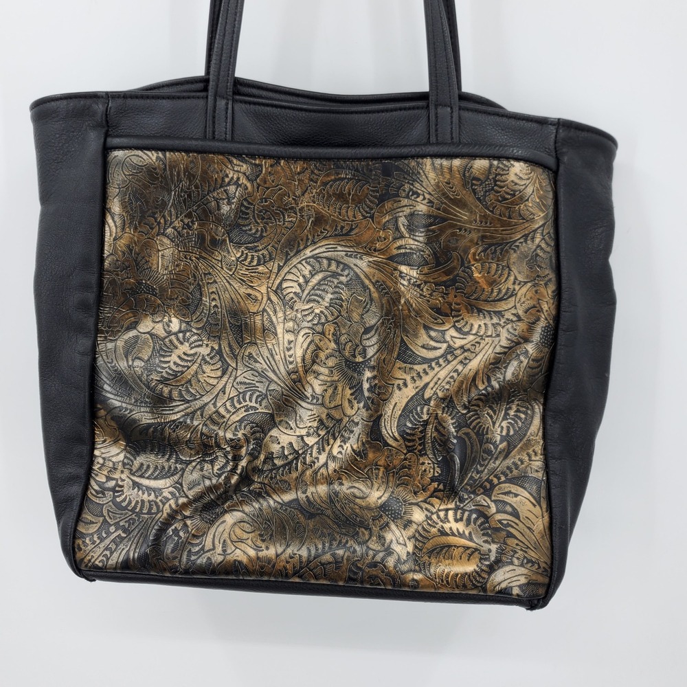 Hip Bag‎ Company Black Leather Tote Bronze Embossed Floral Handmade Colorado USA